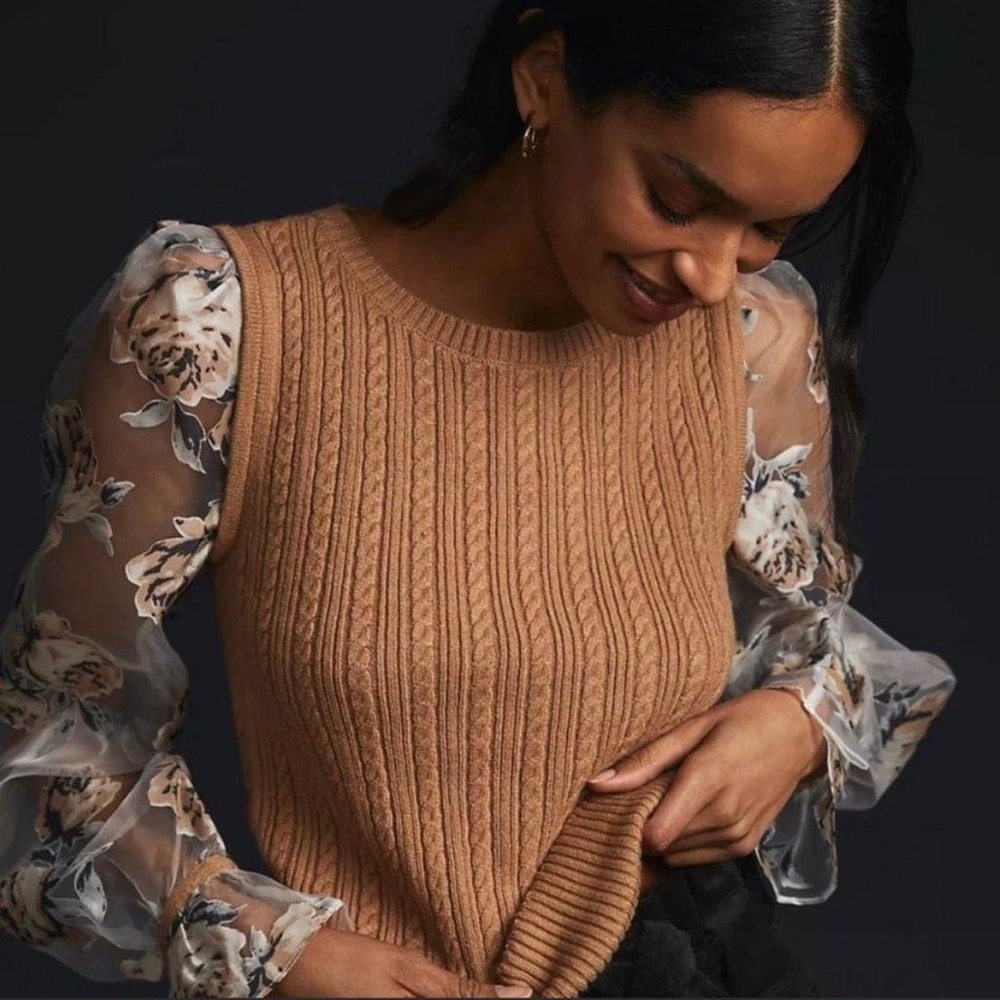Anthropologie Maeve Contrast Sheer Floral Long Sleeve Sweater